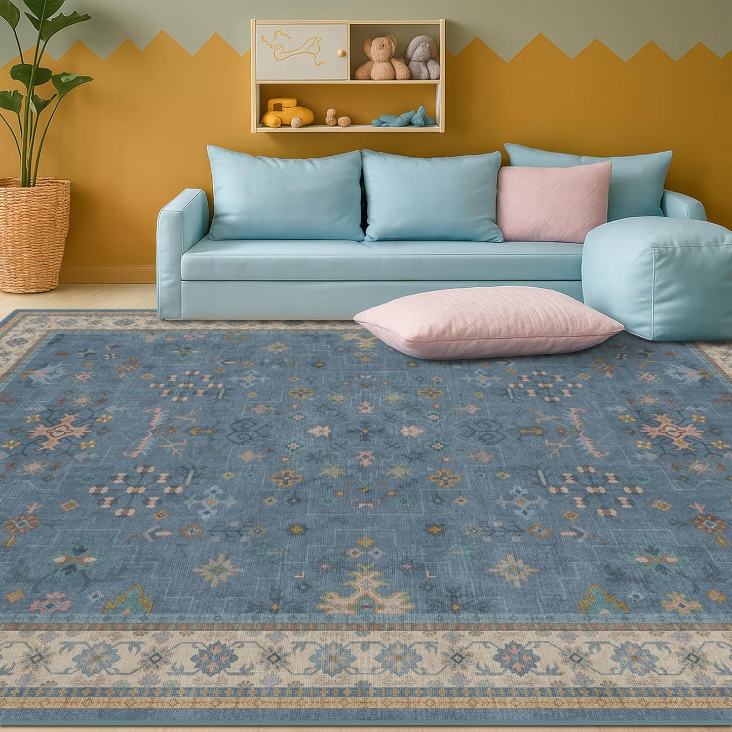 Boho 6x9 Living Room Rugs - Modern Dark Blue Dining Room Rug for Under Table, Lightweight Washable Foldable Low Pile Carpet, Eclectic Floral Bedroom Décor Aesthetic