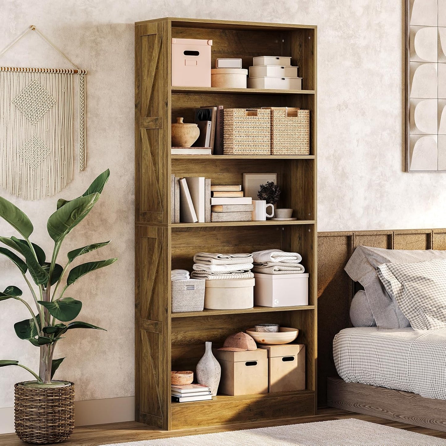 LITTLE TREE 5-Tier Tall Bookcase, 70.8" Farmhouse Wooden Open Bookshelf, Standing Display Shelves for Living Room, Bedroom, Home Office, Rustic Brown