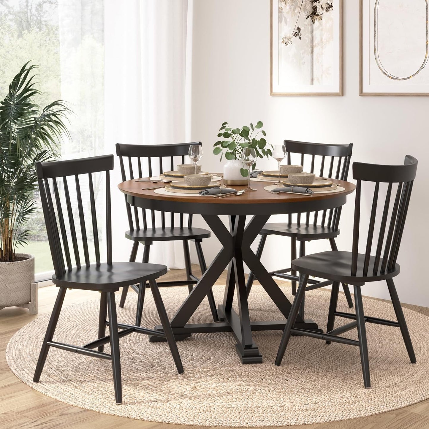 Bush Furniture Round Dining Table Set for 4, with 45 inch Trestle Design, High Back Spindle Dining Chairs, Transitional, West End Collection, Dark Brown and Black