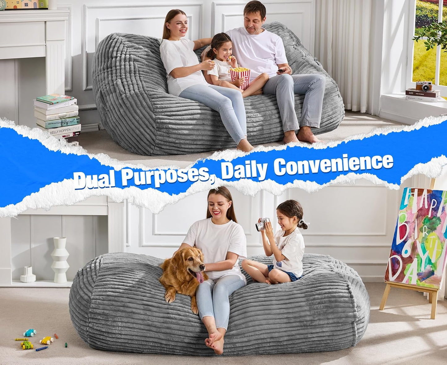 Hobestluk 6FT Bean Bag Chairs Adult Bean Bag with Portable Handle Comfy Large Bean Bag Lounge Chair with Removable Cover for Living Room Bedroom (Stripe Grey, 6FT)