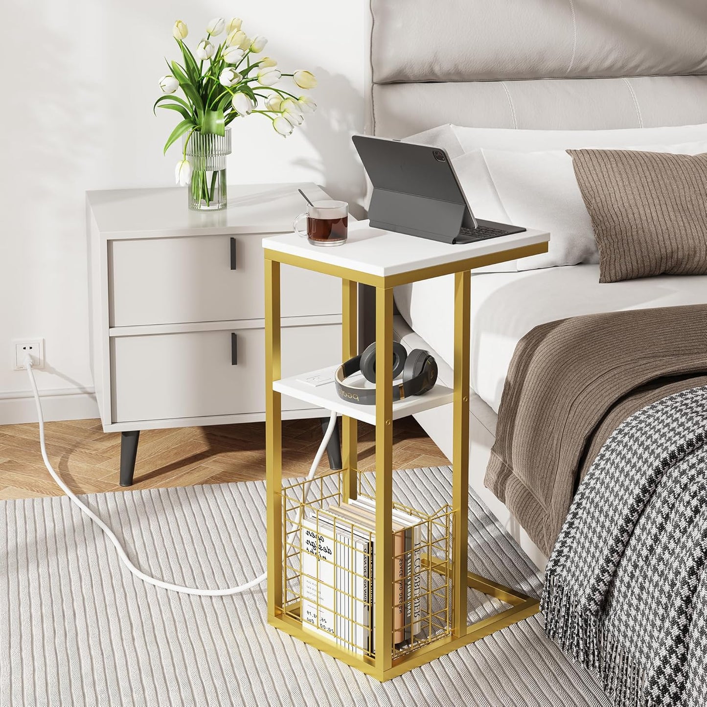 Vagusicc C Shaped End Table with Charging Station, Side Table for Couch, Small Side End Table for Small Spaces, 28" High Slide Under Sofa Table for Coffee, Tv Tray Table for Living Room, Golden