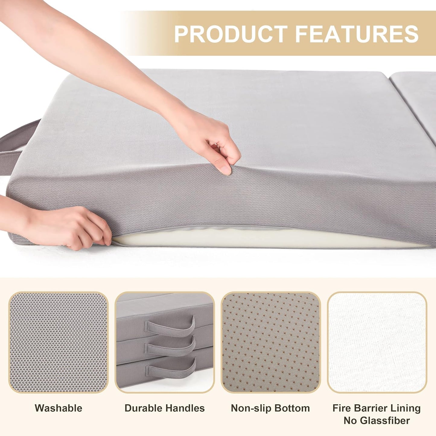 Sleep 4 Inch Foldable Mattress, Portable Floor Mattress Couch with Headrest, Washable Cover, Foldable Foam Couch Queen for Guest Bed, Folding Sofa Bed, Camping, Road Trip, Dark Grey