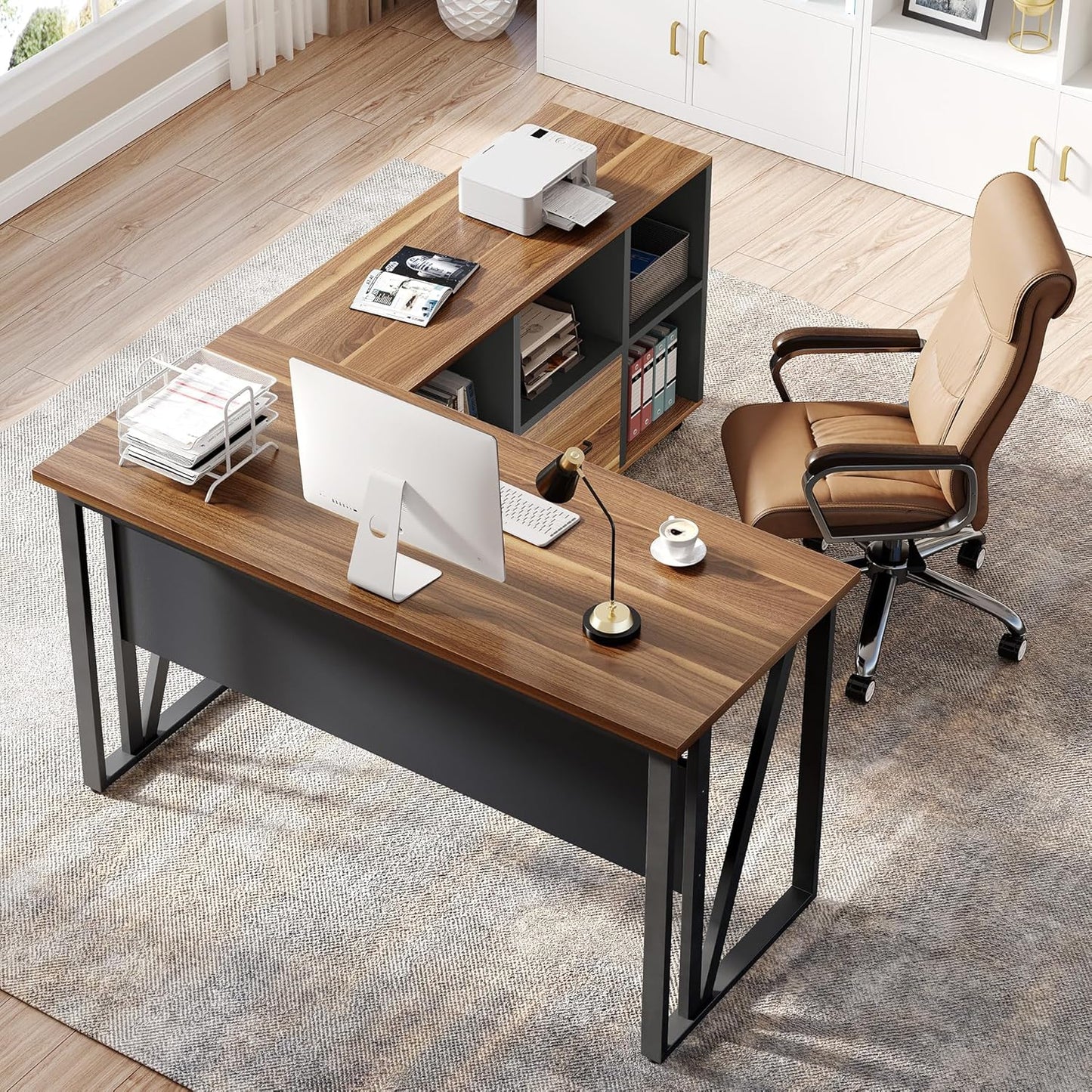 LITTLE TREE 55-Inch L-Shaped Computer Desk, Large Corner Desk with Drawers, Modern Office Workstation Study Desk, Corner Computer Desk for Home Office, Bedroom, Brown