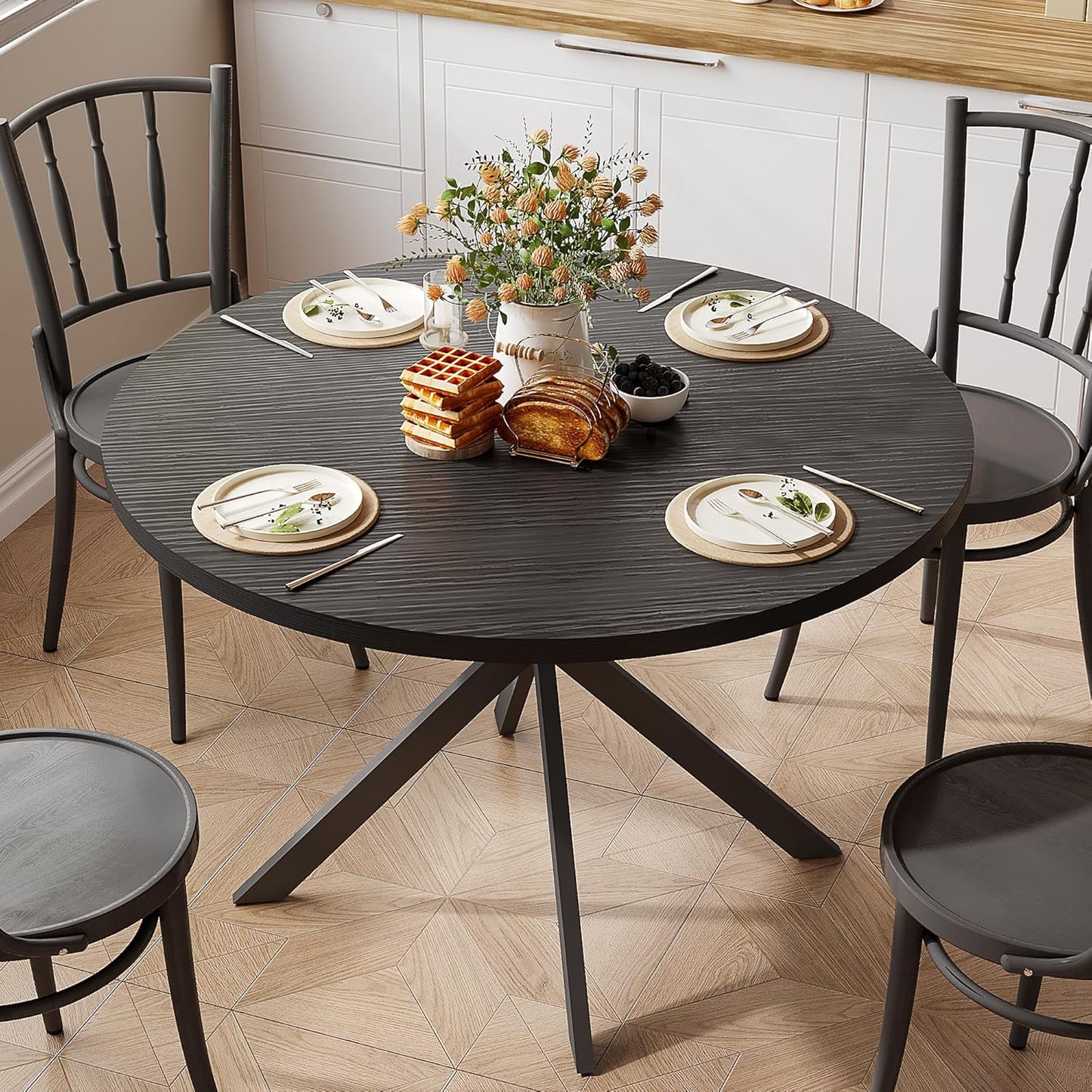 ChooChoo 47.2 Inch Round Dining Table for 4, Farmhouse Wood Kitchen Table, Circle Dinner Table for Kitchen & Dining Room, Black