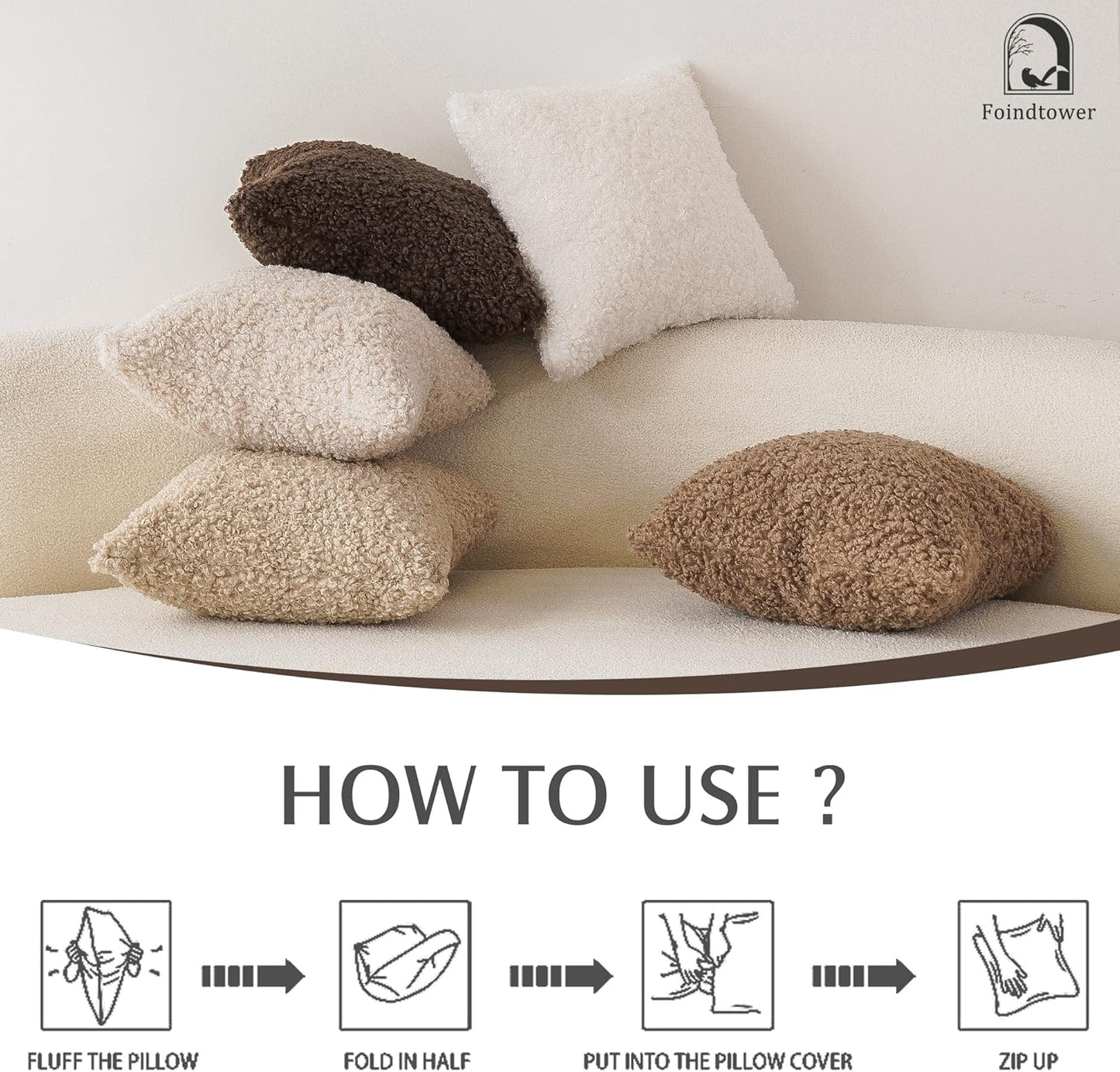 Foindtower 2 Pieces 22x22 Inch Chocolate, Faux Fur Throw Pillow Cover Accent Sherpa Pillow Fuzzy Soft Pillowcases Sheepskin Decorative Fleece Cushion Case for Bed Couch Living Room