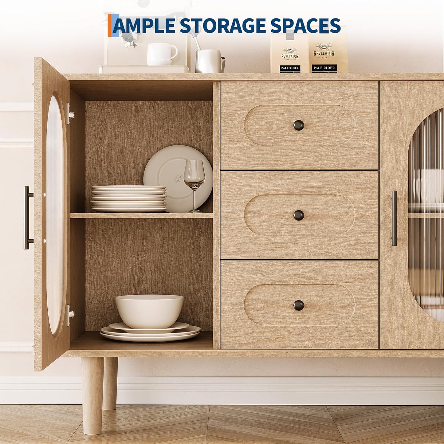 GarveeHome 47.2" Sideboard Buffet Cabinet with 2 Fluted Glass Doors & 3 Drawers, Modern Farmhouse Accent Coffee Bar with Adjustable Shelves for Kitchen, Living Room, Hallway, Natural