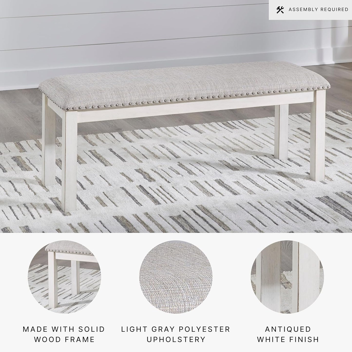 Signature Design by Ashley Robbinsdale Large Upholstered 48" W Dining Bench, Light Gray & White