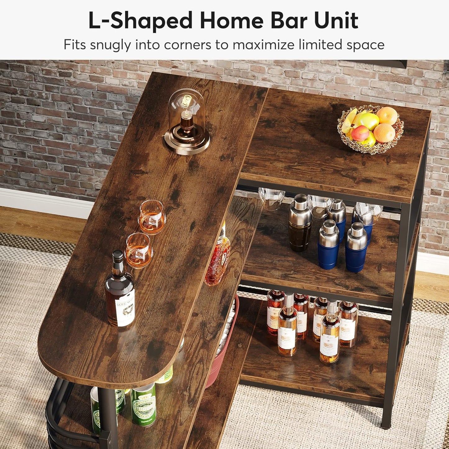 Tribesigns L-Shaped Home Bar Unit, 3 Tier Liquor Table With Storage Shelves and Wine Glasses Holder, Industrial Corner Wine Cabinet Mini Bar for Home Kitchen Pub, Rustic Brown