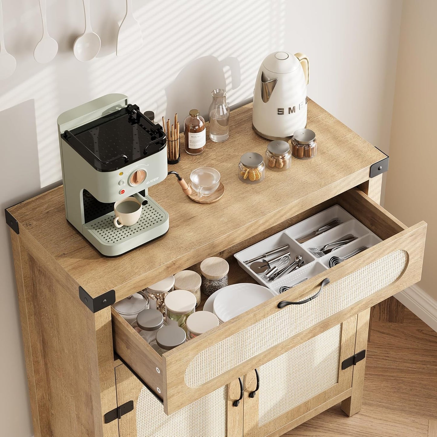 Garvee 29.9'' Small Rattan Buffet Cabinet with Storage, Kitchen Coffee Bar Cabinet with Doors and Drawer, Boho Farmhouse Sideboard with Adjustable Shelves and Handle for Living Room, Natural