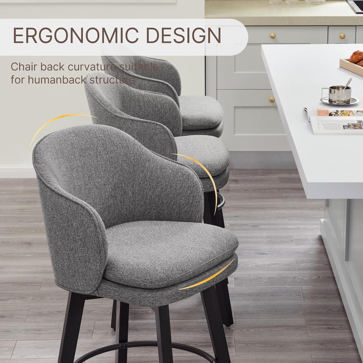 Counter Height Barstools 26 inch Upholstered Swivel Bar Stools with Back and Wood Legs for Kitchen Island,Set of 4,Dark Grey Fabric