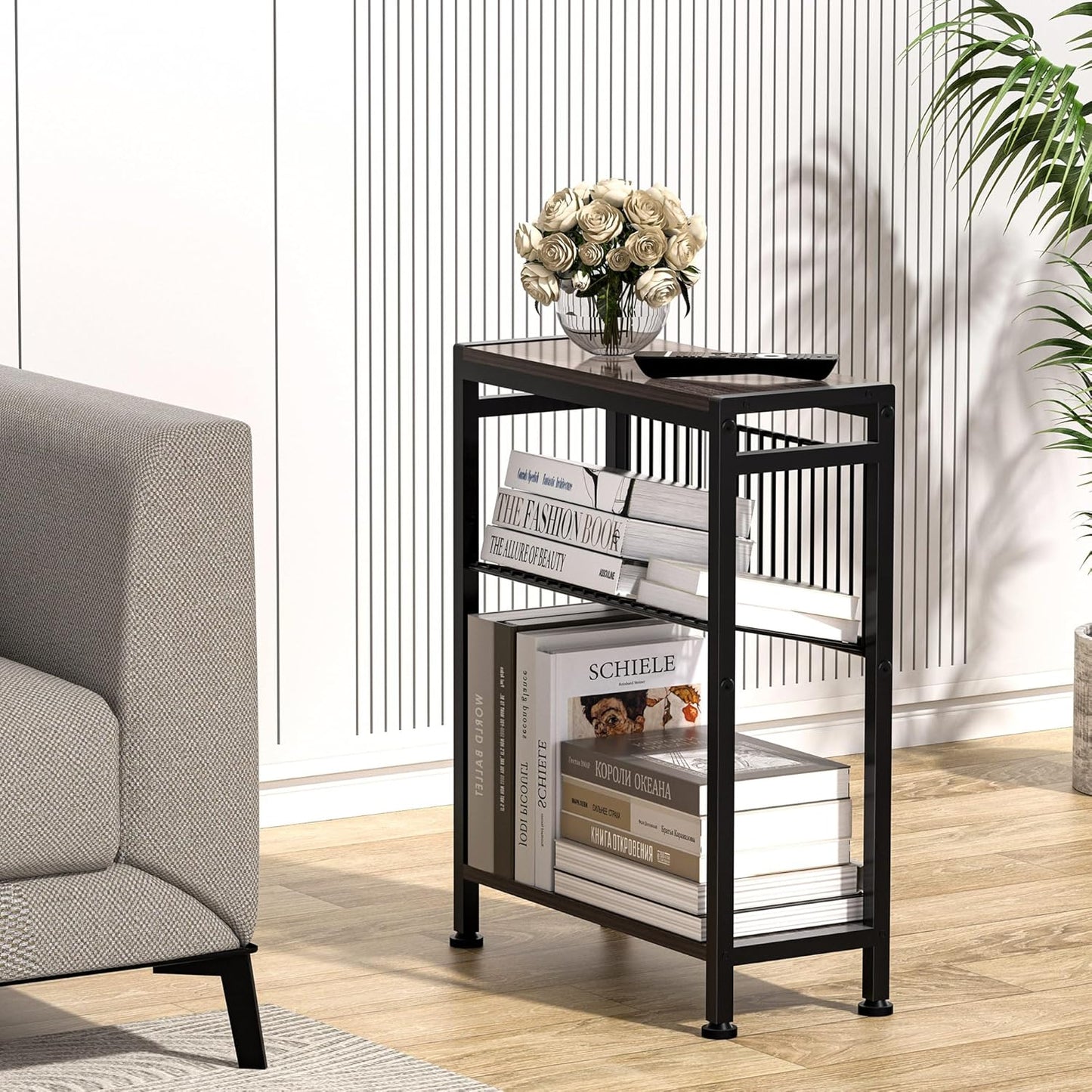 Side Table for Small Space, 3-Tier Narrow End Tablewith Magazine Holder,Slim Nightstand, Skinny Snack Couch Table in Living Room, Bedroom Study and Balcony(Ash Brown)