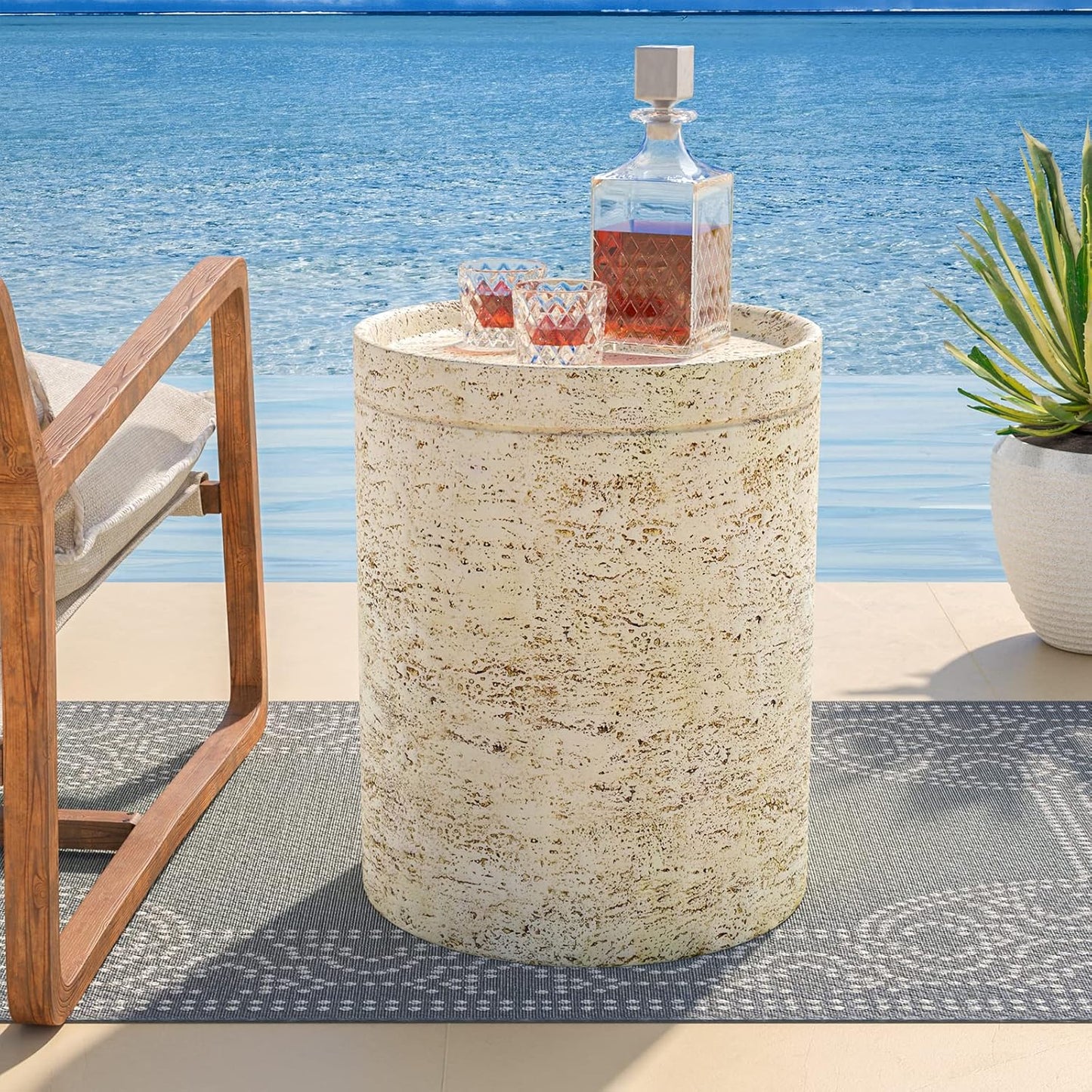 COSIEST 2 Pieces Outdoor Side Table, Set of 2 Cylinder Shaped MgO Patio End Table, Lightweight Accent Table with Tray Top, Round Plant Stand for Garden and Deck, Beige