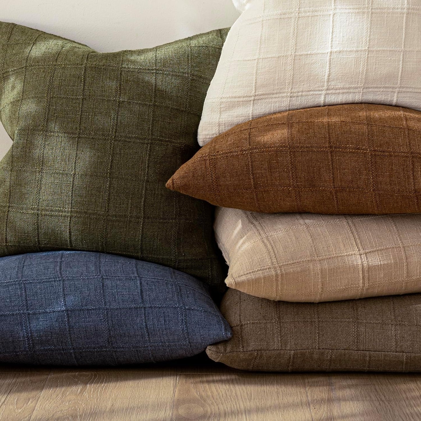 Foindtower Set of 2 Decorative Linen Check Throw Pillow Covers Neutral Farmhouse Lumbar Cushion Covers Modern Boho Home Decor for Sofa Chair Couch Bedroom Living Room Outdoor,12×20 Inch,Light Brown