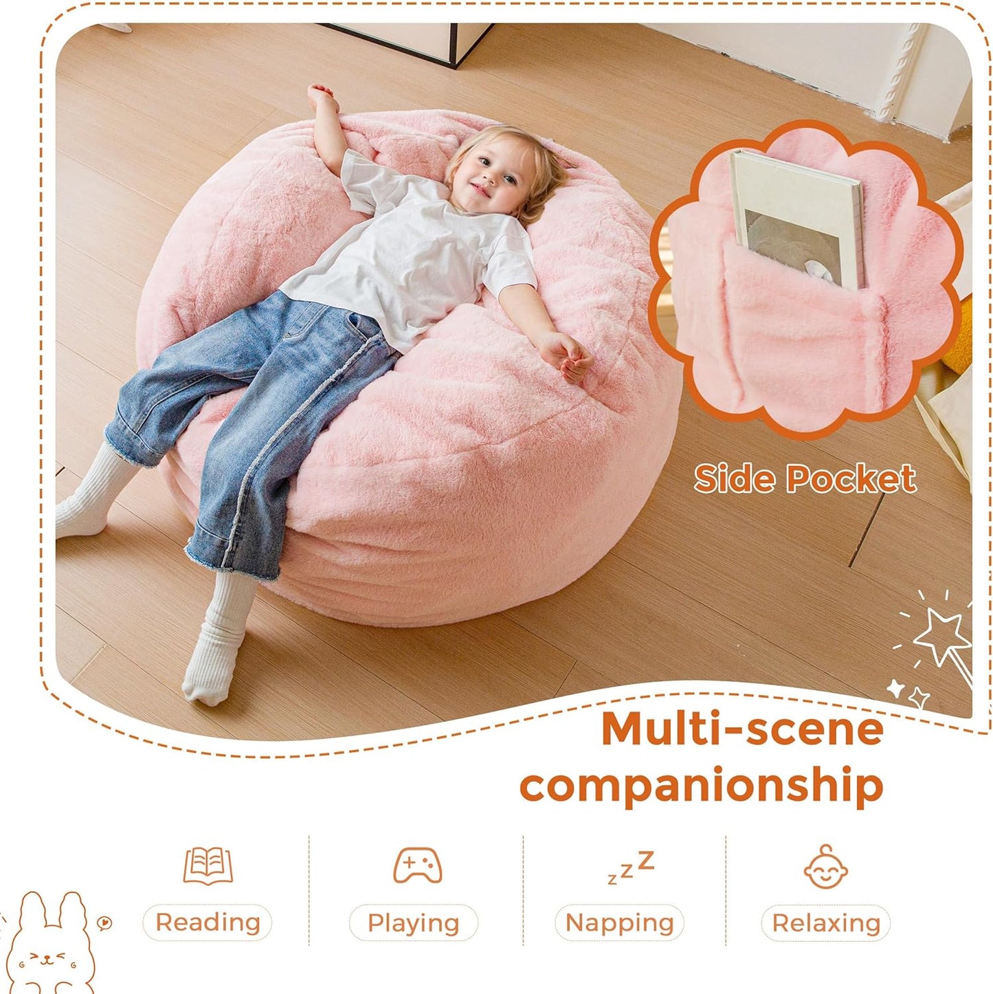 MAXYOYO Kids Bean Bag Chair, Stuffed Faux Fur Bean Bag for Toddler, Ultra Soft Floor Sofa with High-Density Foam Filling, Lazy Chair for Living Room, Playroom, Nursery Room