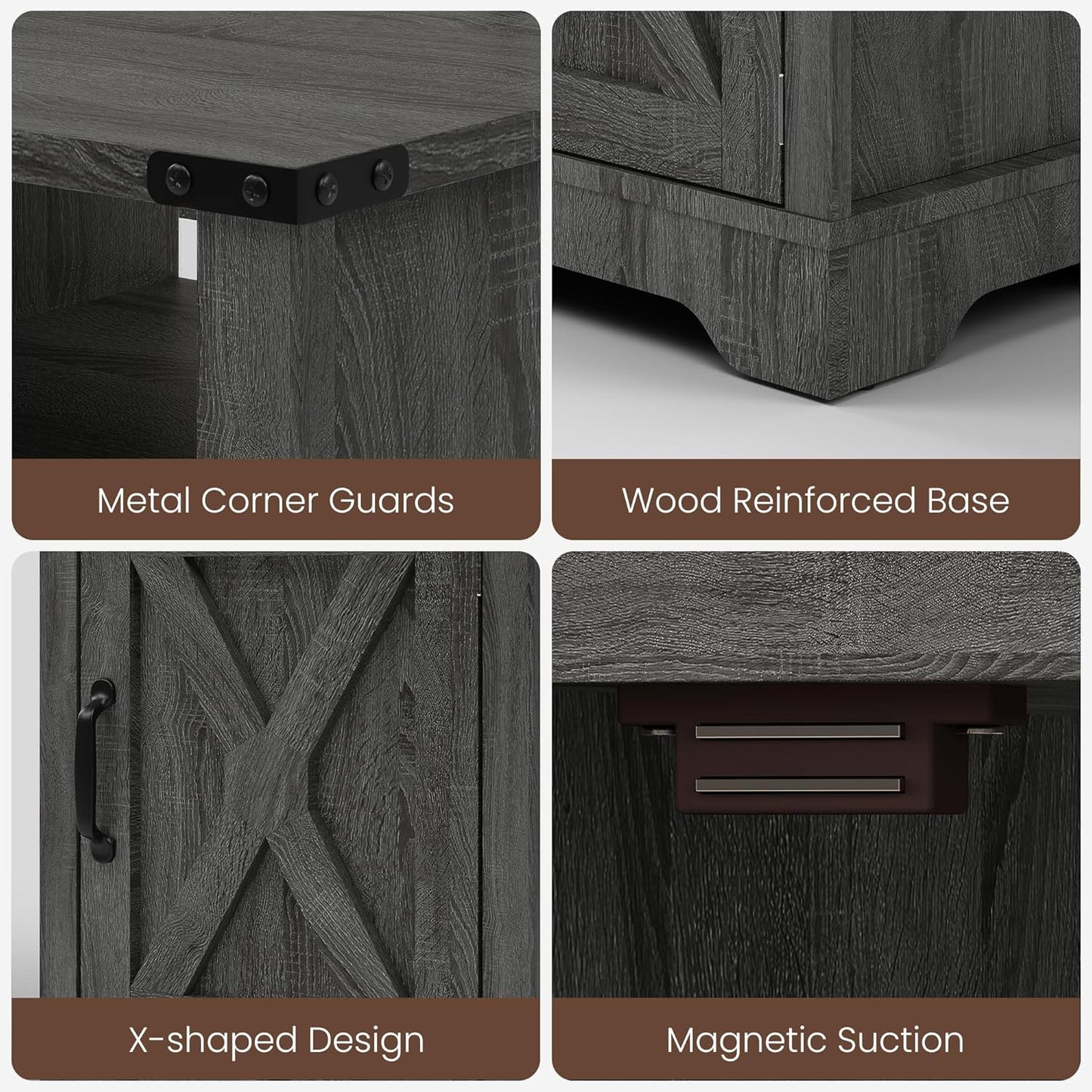 RoyalCraft Farmhouse Nightstand, Grey Night Stand with LED Lights and Charging Station, Bedside Table Set of 1 with Storage and Door, Wood End Table for Bedroom, Home Office, Dark Grey