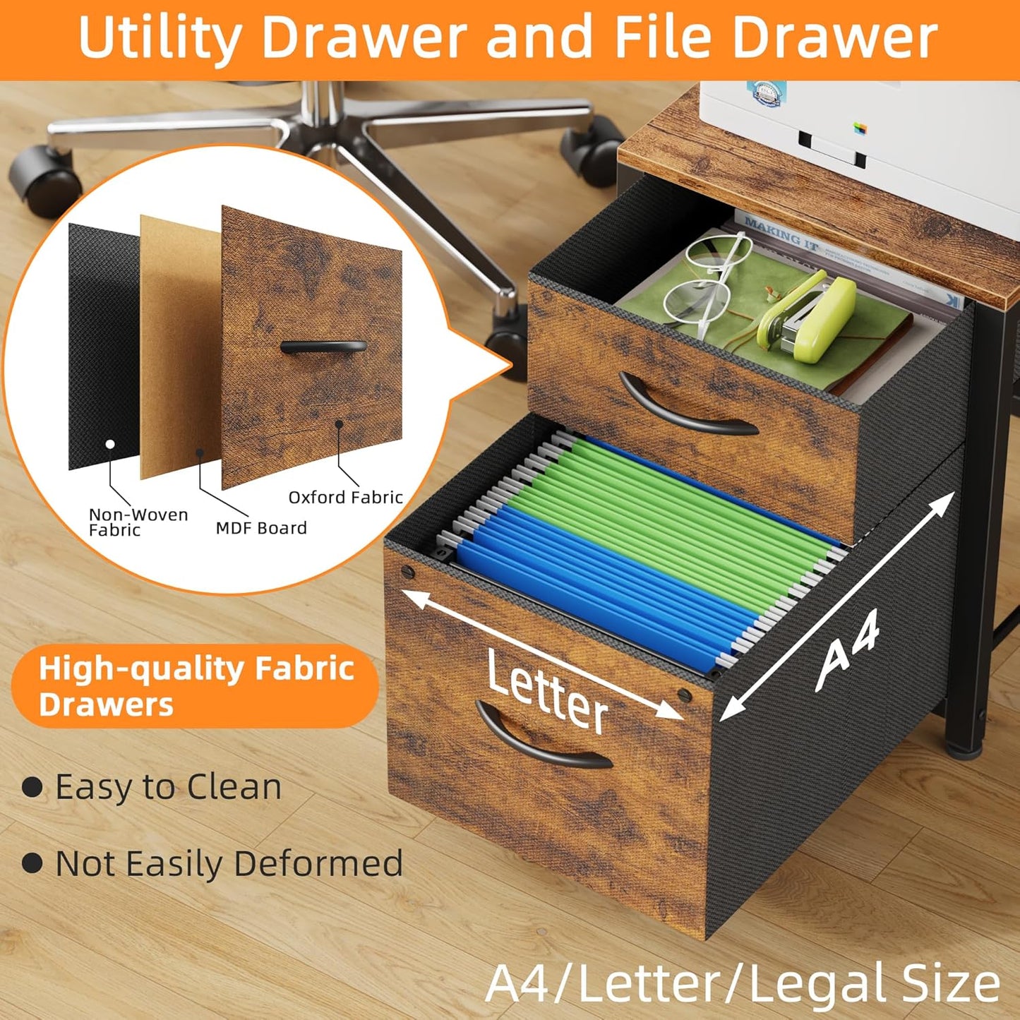 T-Shaped 2 Person Desk with Power Outlet, Long Two Person Gaming Table with LED & Fabric Drawers, 81.2'' Computer Desks with File Cabinet, Double Workstation for Home Office, Rustic Brown