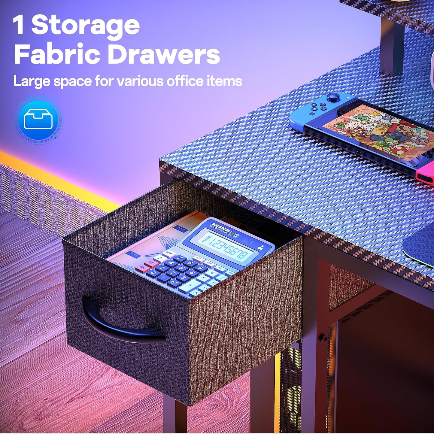 47 inch Gaming Desk with USB Charging Ports and LED Light, Reversible L Shaped Desk, L Shaped Desk with Hook & Monitor Stand, Computer Desk with Drawer and Shelves for Home Office Bedroom