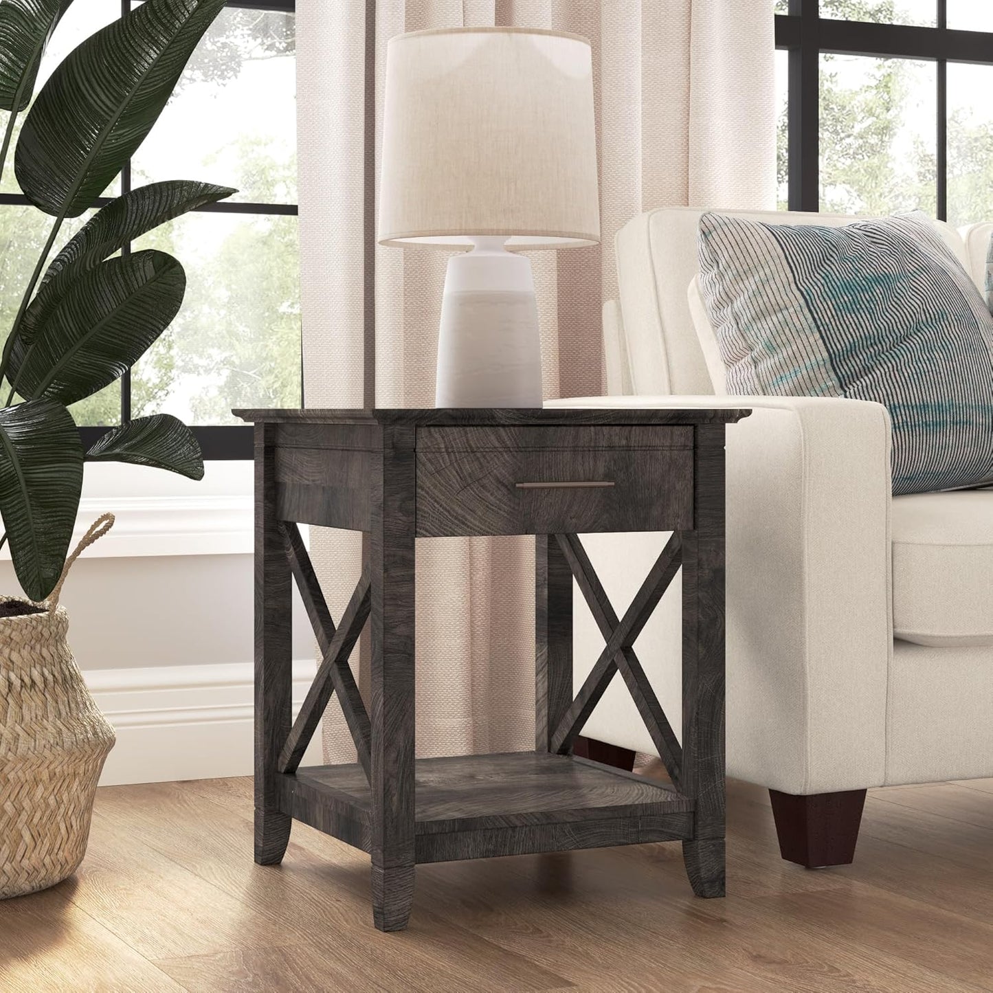 Bush Furniture Key West Small End Table with Storage | Modern Farmhouse Accent Shelf for Living Room in Dark Gray Hickory