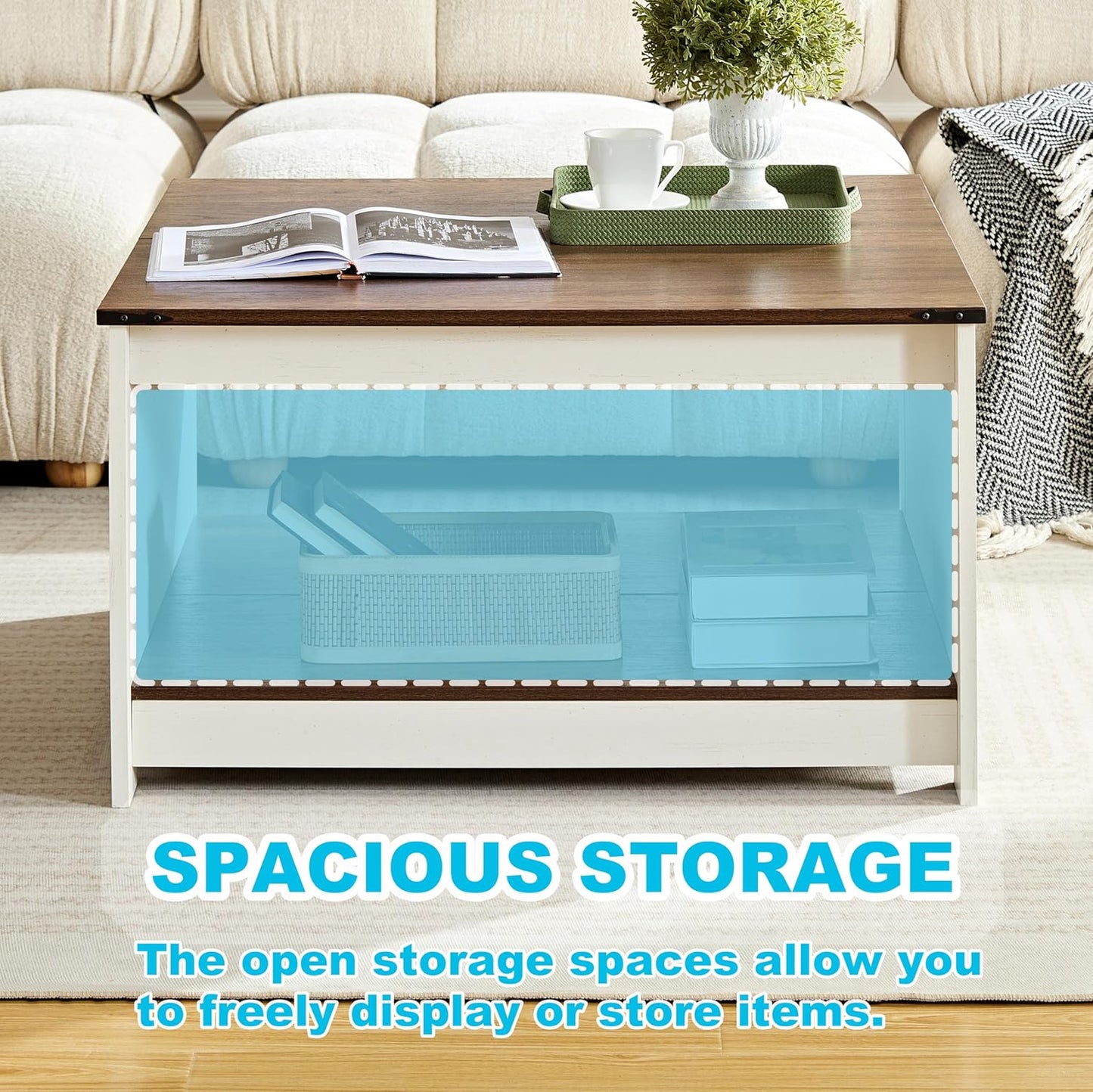 Farmhouse Coffee Table for Living Room, Wood Square Coffee Tables, 31.5" D x 31.5" W, Antique White