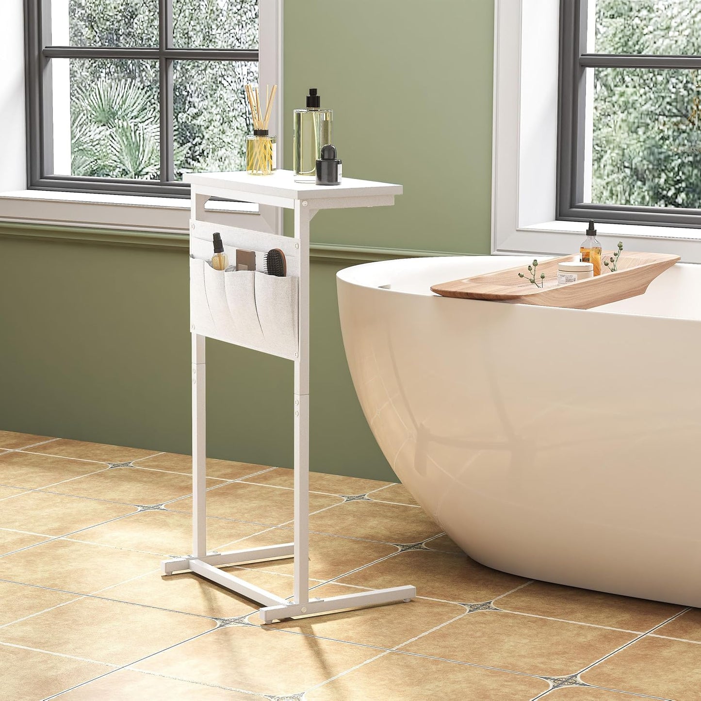 C Shaped End Table, Side Table for Sofa, Small TV Tray, Couch Table with Storage Bag for Small Space, Living Room, Bedroom, Home Office LET501W (White)