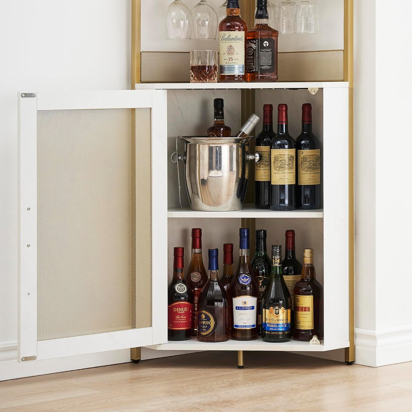 GAOMON Corner Bar Cabinet with Glass Holder, Industrial Wine Cabinet with Adjustble Shelf, 5-Tiers Liquor Cabinet Bar Cabinet for Home, Corner Display Cabinet for Small Space, Faux Marble