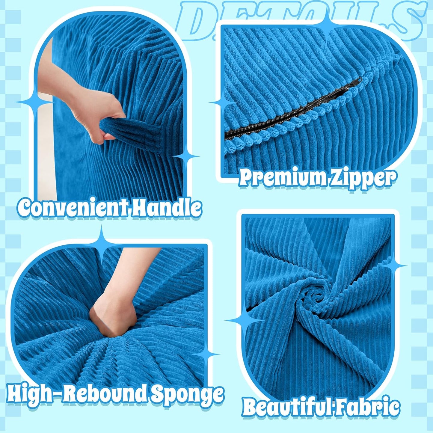 HABUTWAY 3FT Bean Bag Chair,Giant Bean Bag Chairs for Adults,Big Bean Bags with Memory Foam Filled, Large Beanbag Chairs with Soft Corduroy Cover-Blue