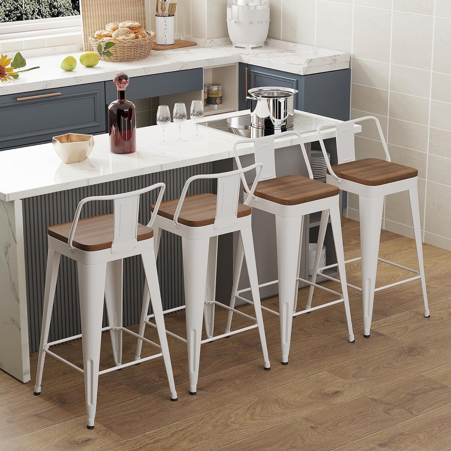 WENTMENT Metal Bar Stools Set of 4 Counter Height Stools Barstools with Removable Back 24" Kitchen Bar Stools with Wooden Seat, White