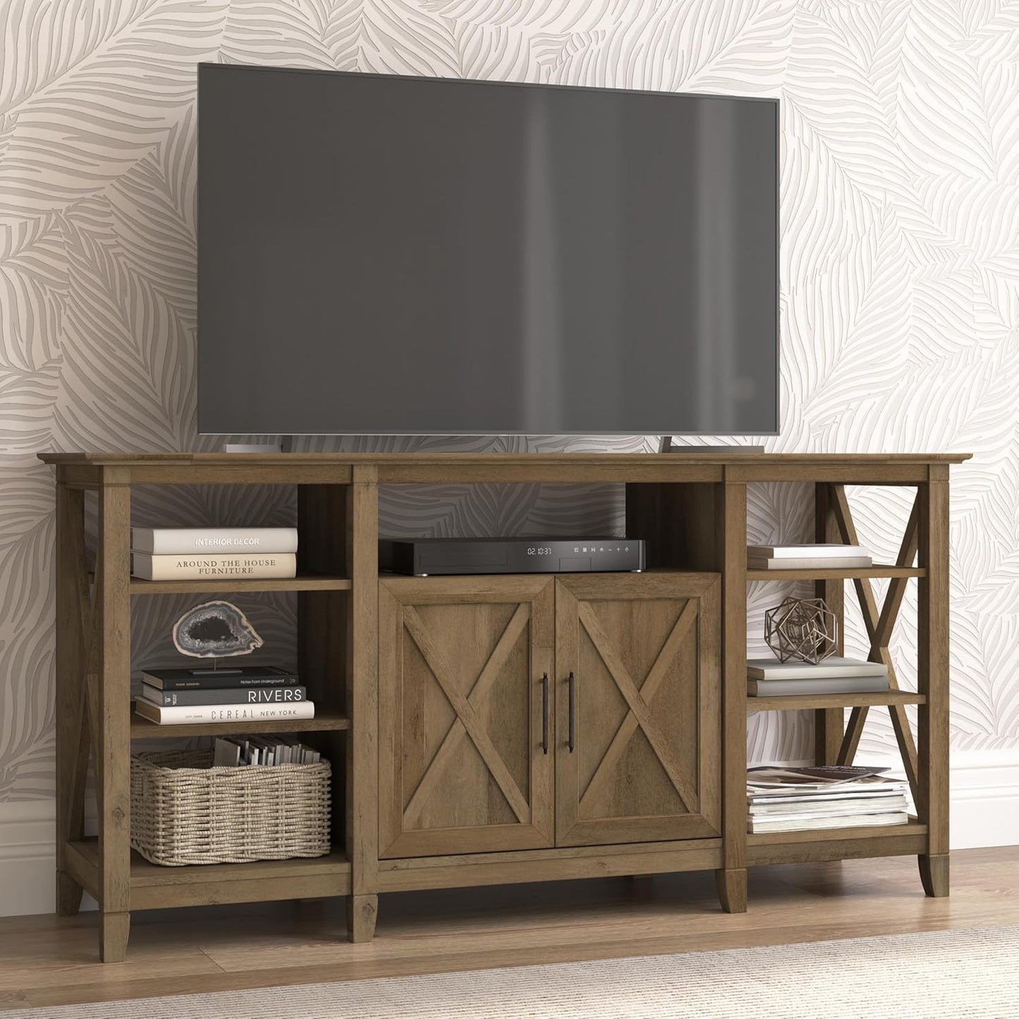 Bush Furniture Key West Tall TV Stand for 65 Inch TV in Reclaimed Pine, Farmhouse Entertainment Center with Storage