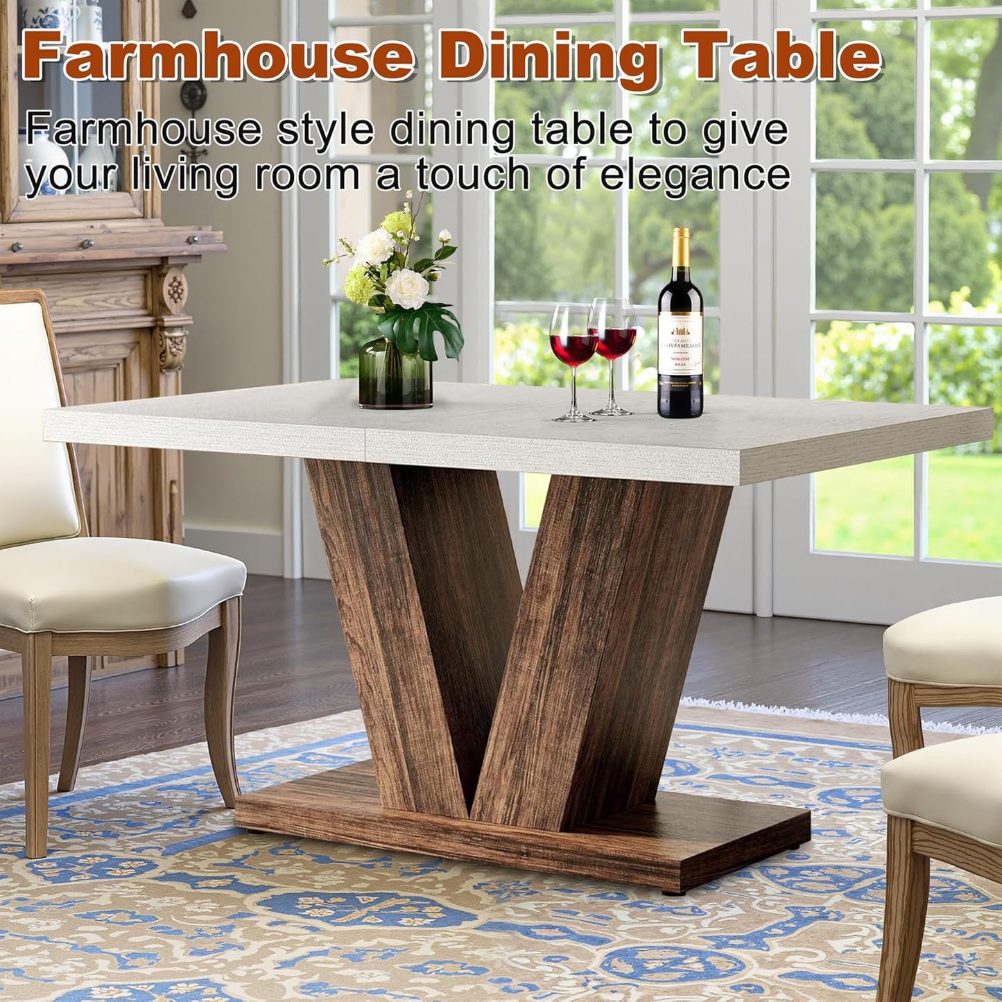 47 Inch Dining Table for 4, Farmhouse Dinner Table Wooden Kitchen Tables with Heavy Duty Pedestal for Dining Room, Kitchen, Living Room, White & Black