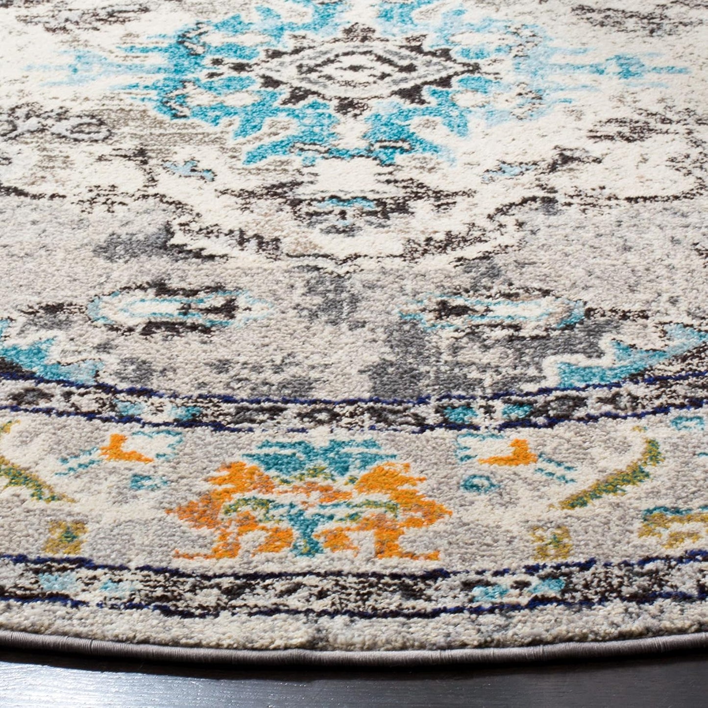 SAFAVIEH Monaco Collection Area Rug - 6'7" Round, Grey & Light Blue, Boho Chic Medallion Distressed Design, Non-Shedding & Easy Care, Ideal for High Traffic Areas in Living Room, Bedroom (MNC243G)