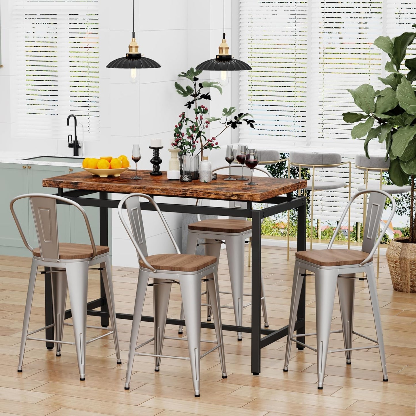 Changjie Furniture 24 Inches Metal Barstools Set of 4 Counter Height Bar Stools Industrial Stools with Backs High Back Chairs for Kitchen Island (24 Inch, Silver)