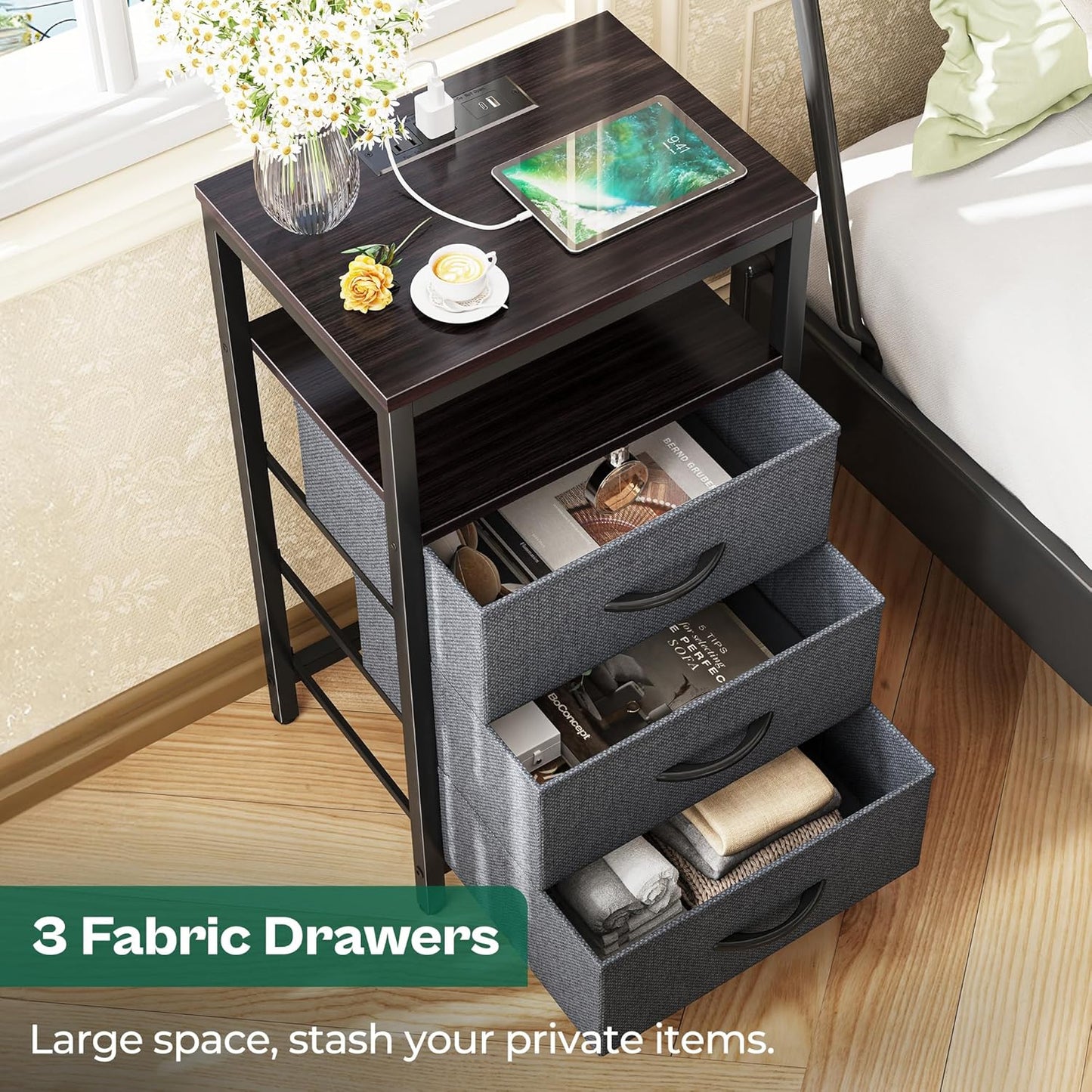 Huuger Nightstands Set of 2, 27.6 Inch End Tables with Charging Station, Fabric Drawers, Bedside Tables with USB Port and Outlet, Night Stands for Bedroom, Walnut