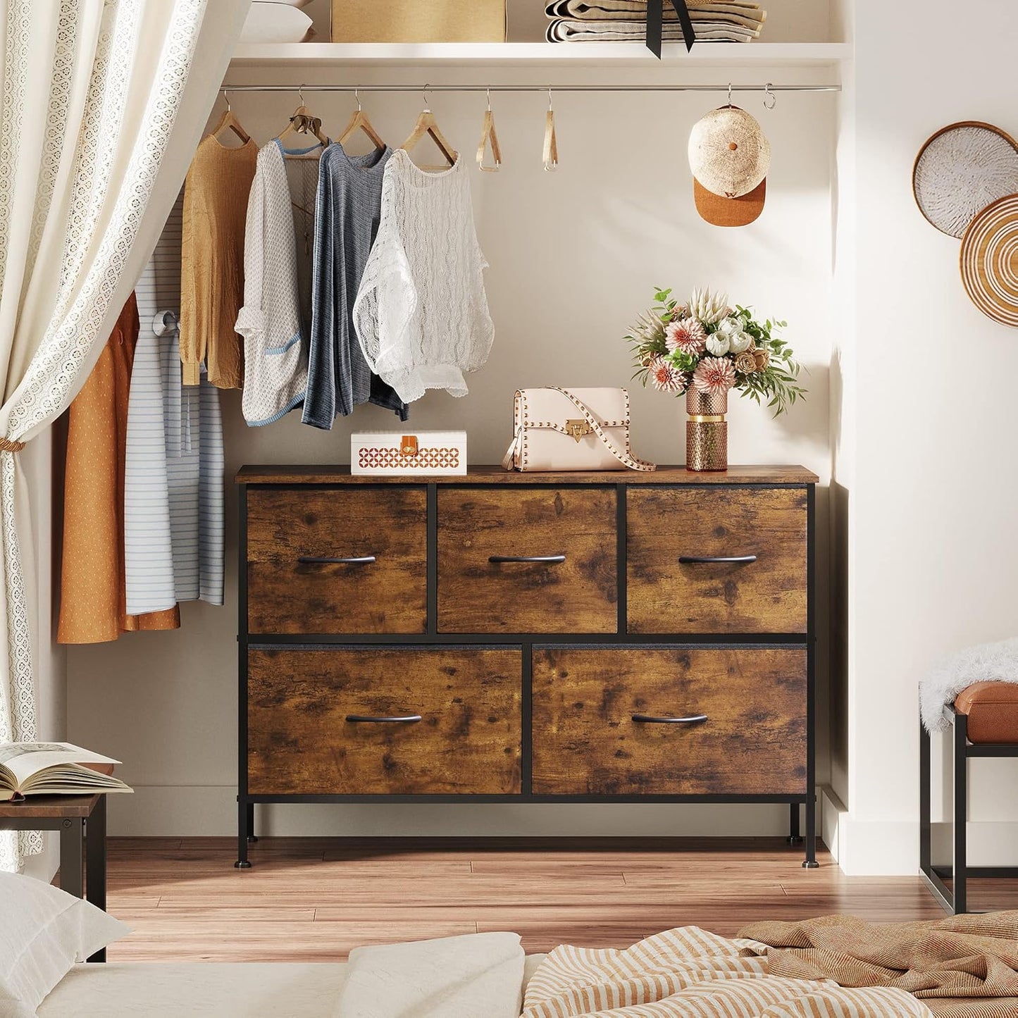 WLIVE Dresser for Bedroom with 5 Drawers, Long Fabric Dresser, Storage Drawer Unit with Fabric Bins for Closet, Hallway, Rustic Brown Wood Grain Print, Size L