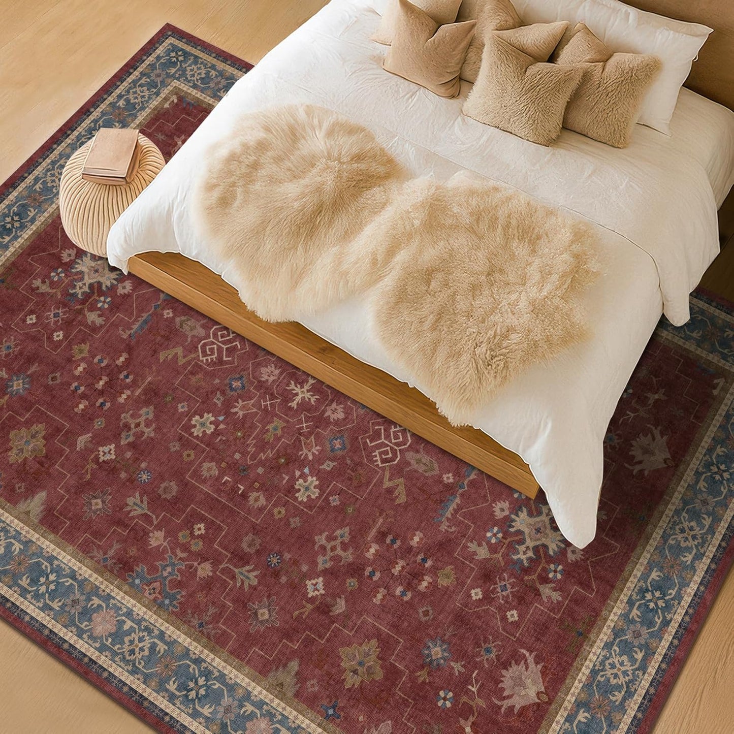 Moroccan Big Rugs for Living Room - Dark Red 10x12 Area Rug for Large Bedroom, Dining Room, Washable Lightweight Foldable Oriental Burgendy Home Décor