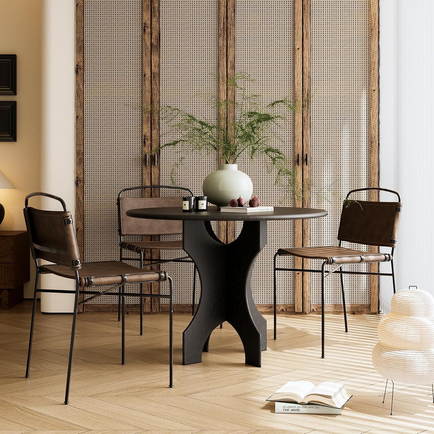 Mid-Century Modern Dining Chairs Set of 2, Brown PU Faux Leather Dining Chair Armless Dining Room Chairs with Black Metal Legs, High-End Stylish Kitchen Restaurant Dining Chairs