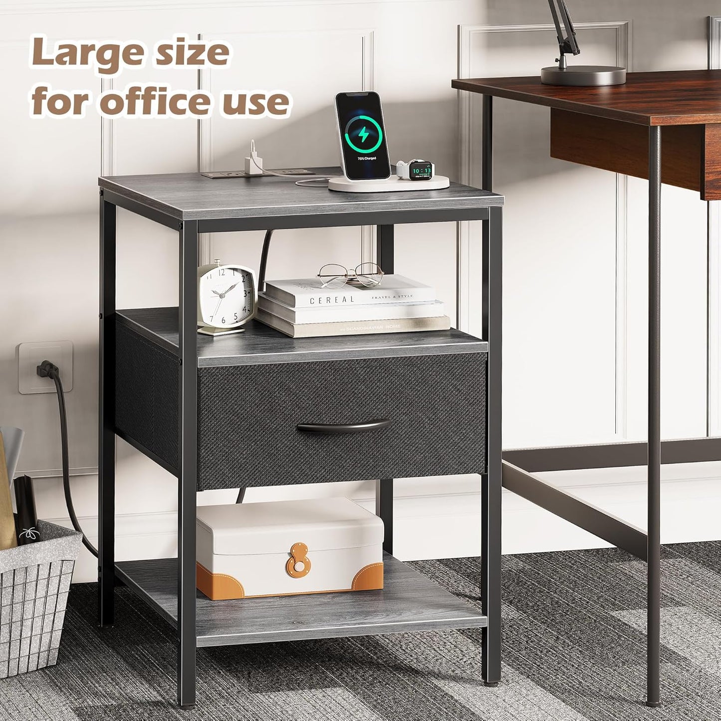 SUPERJARE Night Stand with Charger Station, 27.7 Inch Tall Nightstand with Adjustable Fabric Drawer, Bed Side Table, Fabric Drawer Dresser for Bedroom, Living Room, Charcoal Gray and Black