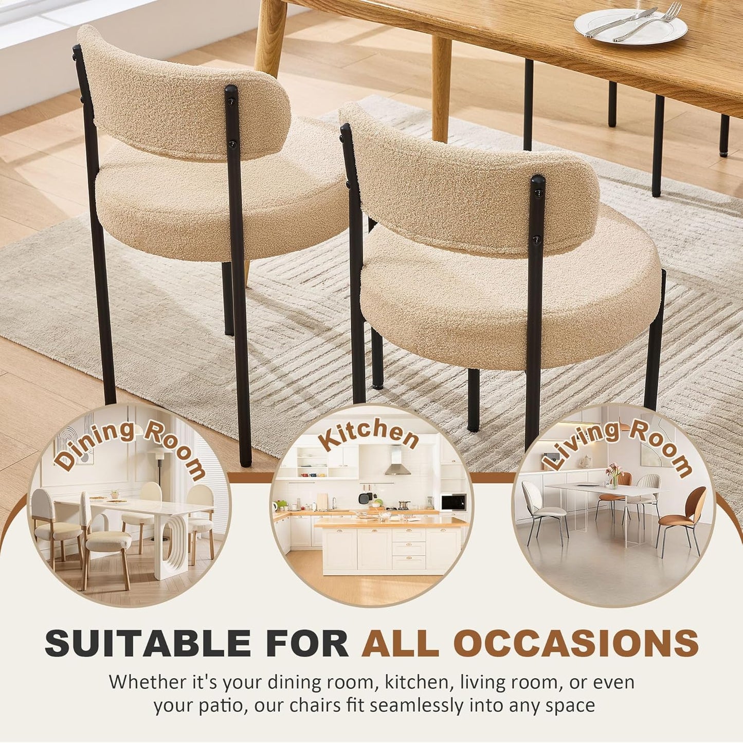 Dining Chairs Set of 4, Beige Boucle Dining Chair, Curved Backrest Upholstered Dining Room Chairs with Black Metal Legs, Mid Century Modern Dining Chairs for Kitchen, Living Room, Beige