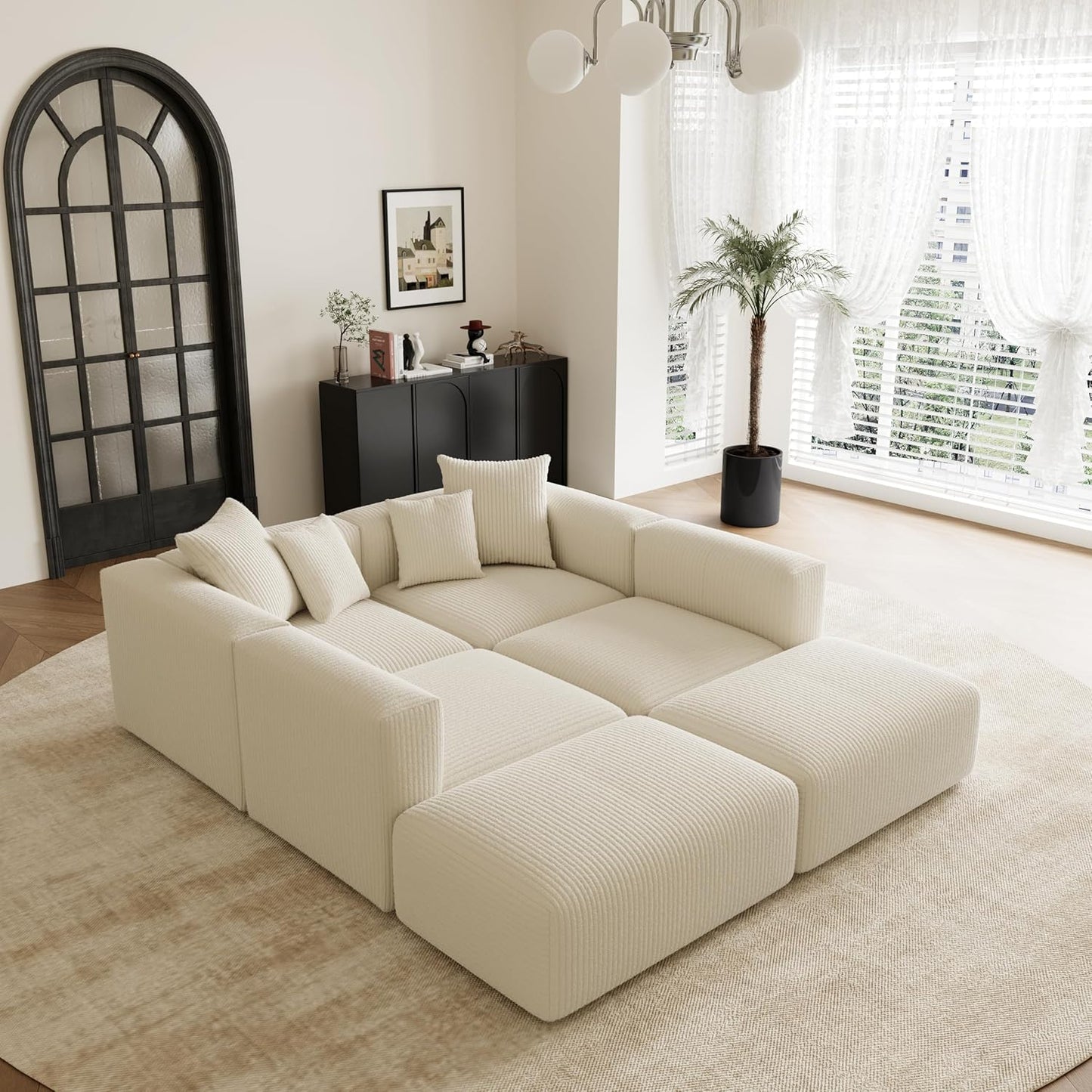 Acanva Convertible Modular Sectional Sofa with Movable Ottomans, Free Combination Corduroy Couch for Living Room Apartments, U-Shaped, White