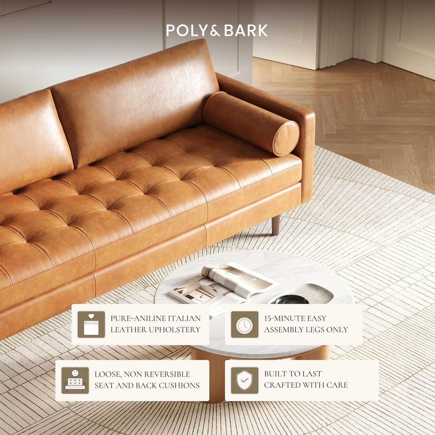 Poly & Bark Napa Leather Couch - 72 Inch Apartment Sofa with 2 Bolsters - Full-Grain Leather Sofa for Living Room with Feather-Down Topper - Living Room Couch - Vintage Italian Leather in Cognac Tan
