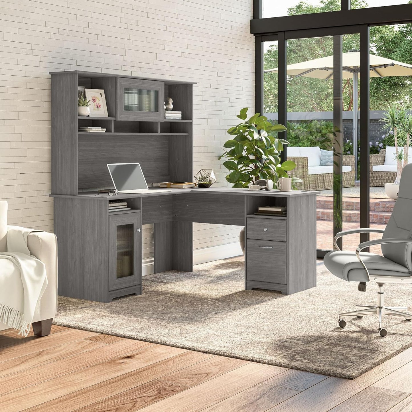 Bush Furniture Cabot L Shaped Desk with Hutch | Corner Desk with Storage for Home Office in Modern Gray | 60W L Shaped Computer Desk