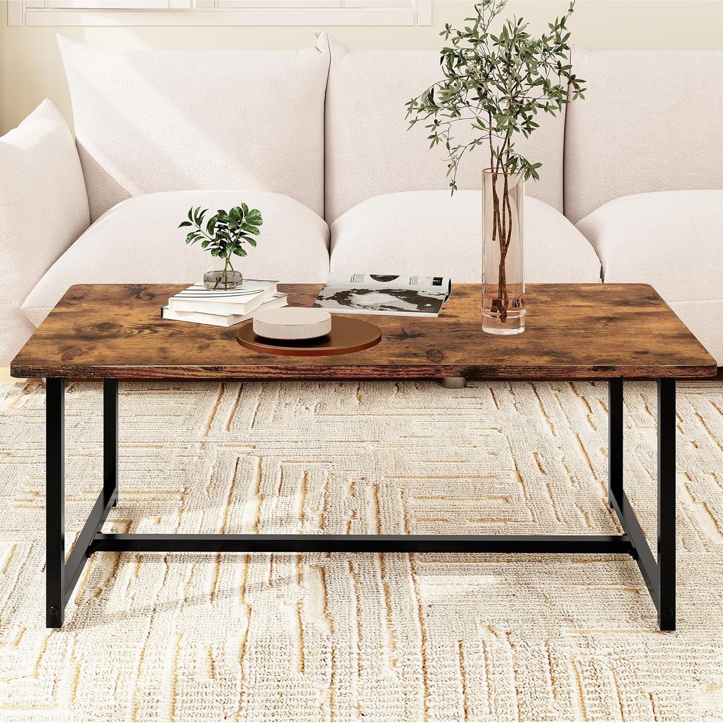 Coffee Table Living Room, Modern Center Table Rectangular, Industrial Furniture, Sofa End Tables/Tea Table/Table Basse De Salon with Metal Black Frame Rustic Brown