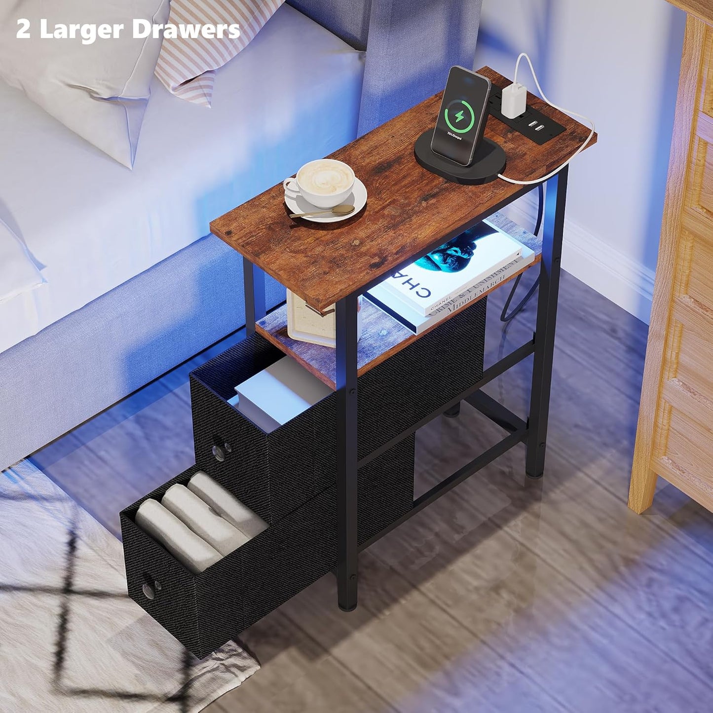 End Table with Charging Station, Narrow Side Table with 2 Fabric Drawers, Skinny Nightstand with LED Light, Slim Bedside Table for Bedroom, Living Room, Small Spaces, Rustic Brown and Black