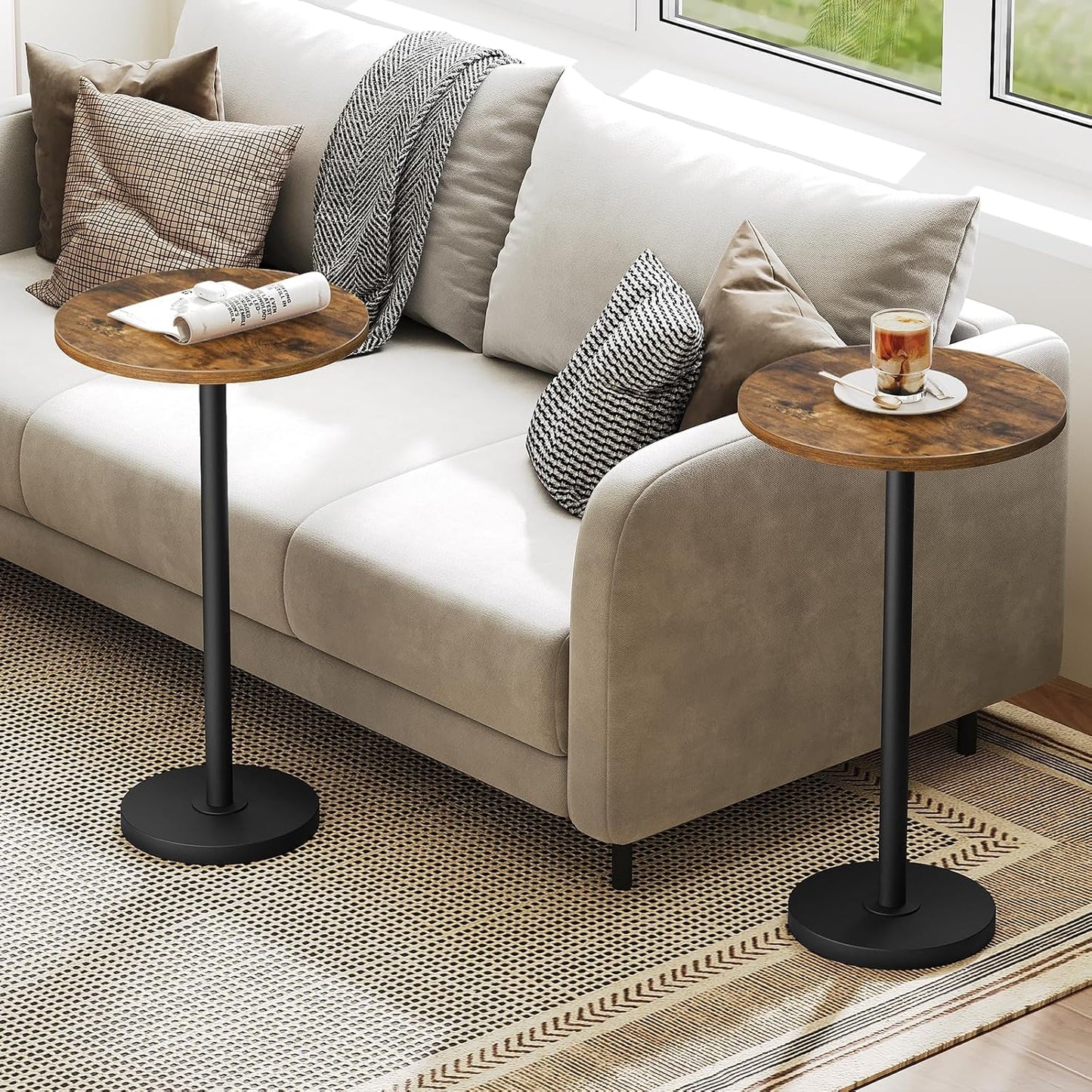 Round Side Table Set of 2, Tall Drink End Table for Small Spaces, Pedestal Style Martini Side Table in Living Room, Bedroom, Dormitory, Brown and Black ET30L2BR