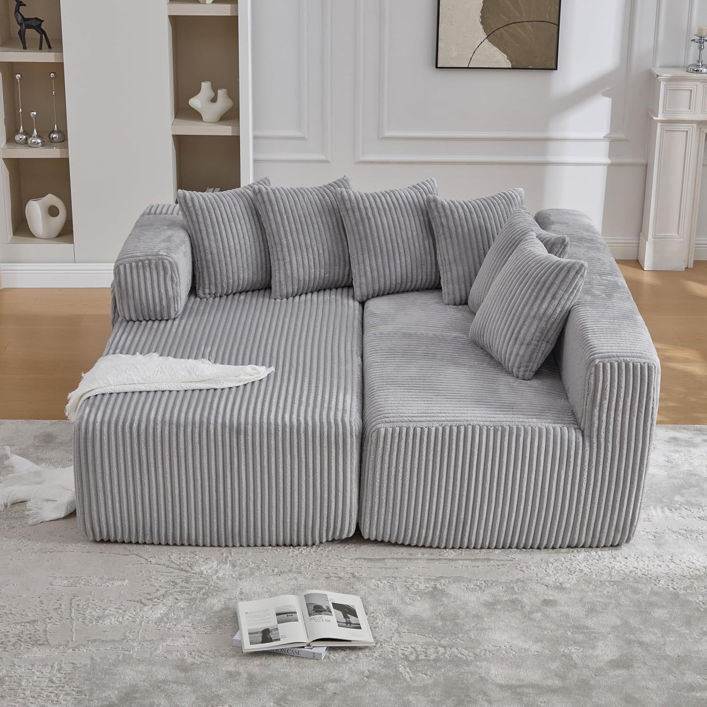 Eafurn DIY Combination Compression Modular Sectional Sofa with Double Chaise Lounge, 146" Oversized U Shaped Boneless Couch with Deep Seat Convertible Sleeper Sofabed w/Throw Pillows