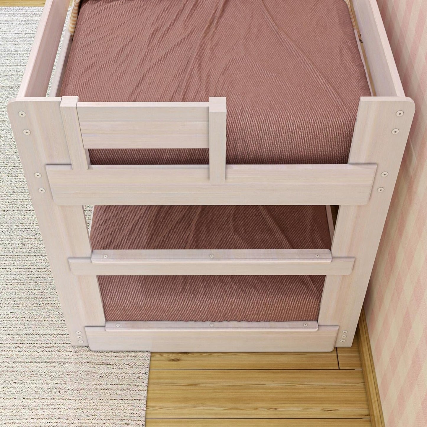 Max & Lily Modern Farmhouse Low Bunk Bed, Twin-Over-Twin Bed Frame For Kids, White Wash