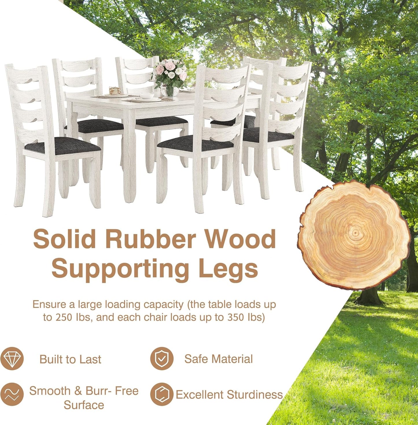 7-Piece Solid Wood Dining Table Set with 6 Upholstered Chairs - Easy Assembly Modern Design for Kitchen & Small Spaces, Durable Wooden Table and Chairs for Dining Room, Kitchen, Light Grey