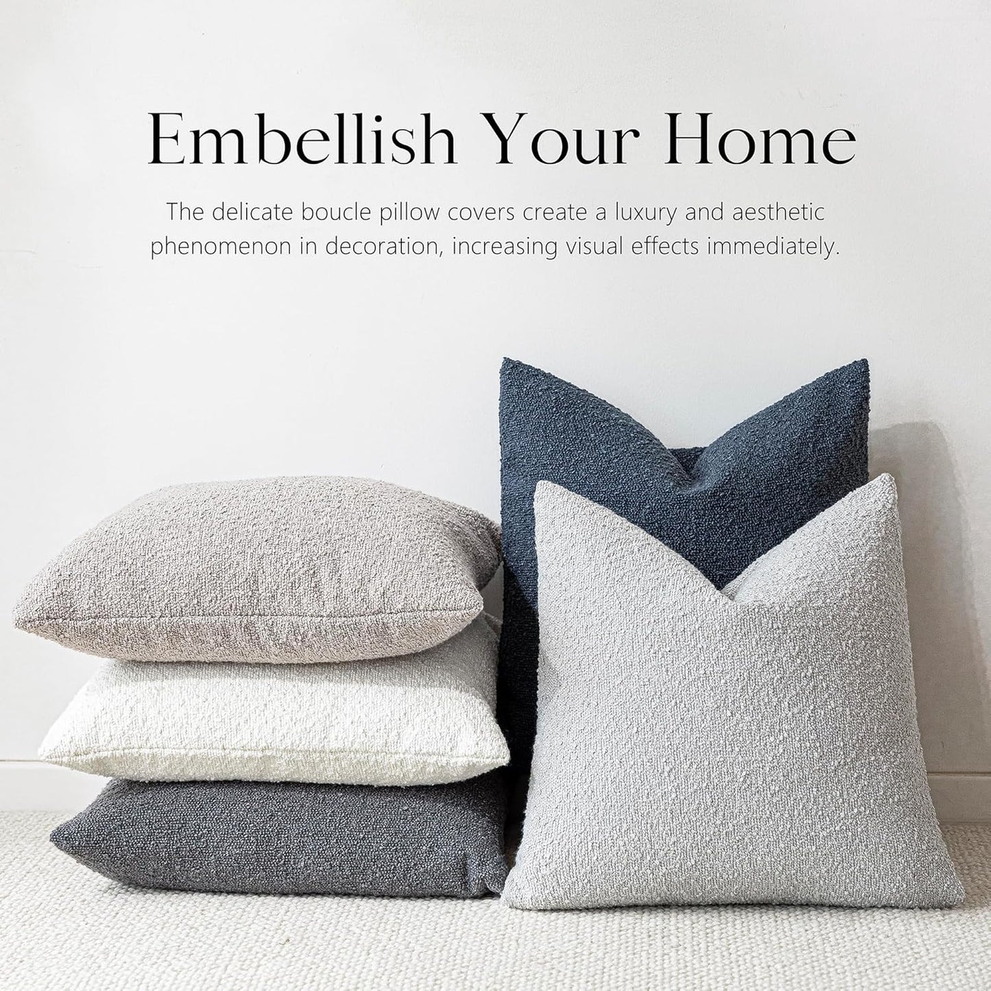 Foindtower Set of 2, Decorative Textured Boucle Throw Pillow Covers Accent Solid Pillow Cases Neutral Soft Cozy Couch Cushion Case for Chair Sofa Bedroom Living Room Home Decor 16 x 16 Inch Light Grey