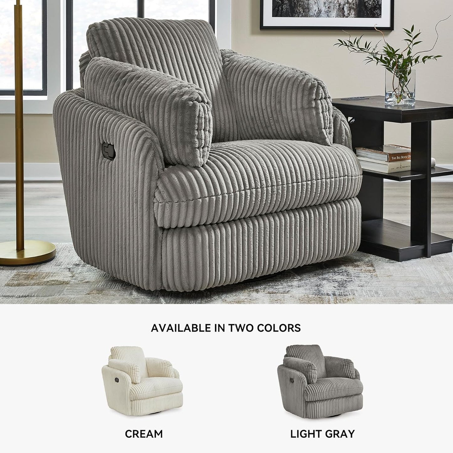 Signature Design by Ashley Tie-Breaker Casual Manual Press-Back Swivel Glider Rocker Recliner with 2 Bolster Pillows and Hidden Storage, Light Gray