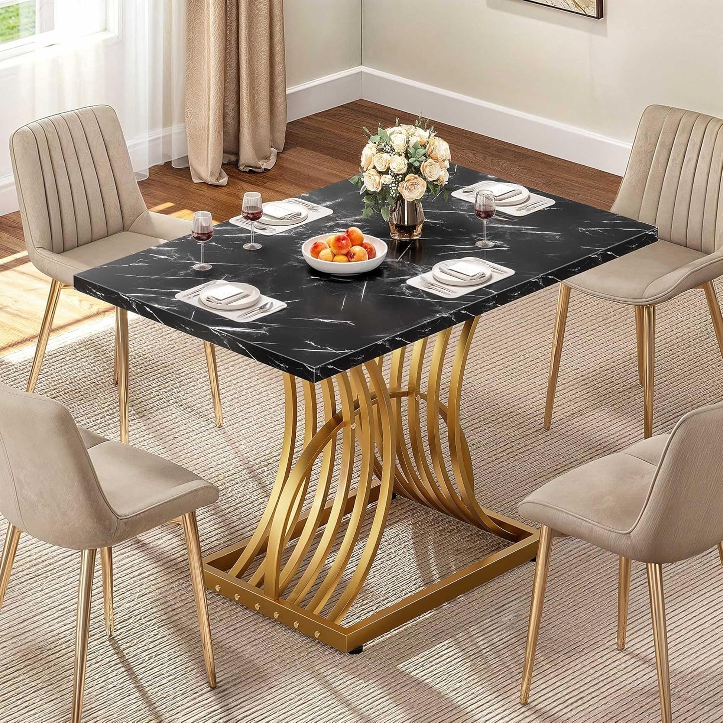 DWVO Modern Dining Table for 4 People 47 Inch Rectangular Kitchen Table with Faux Marble Tabletop and Gold Geometric Legs Small Dinner Table Kitchen & Dining Room Furniture Black & Gold