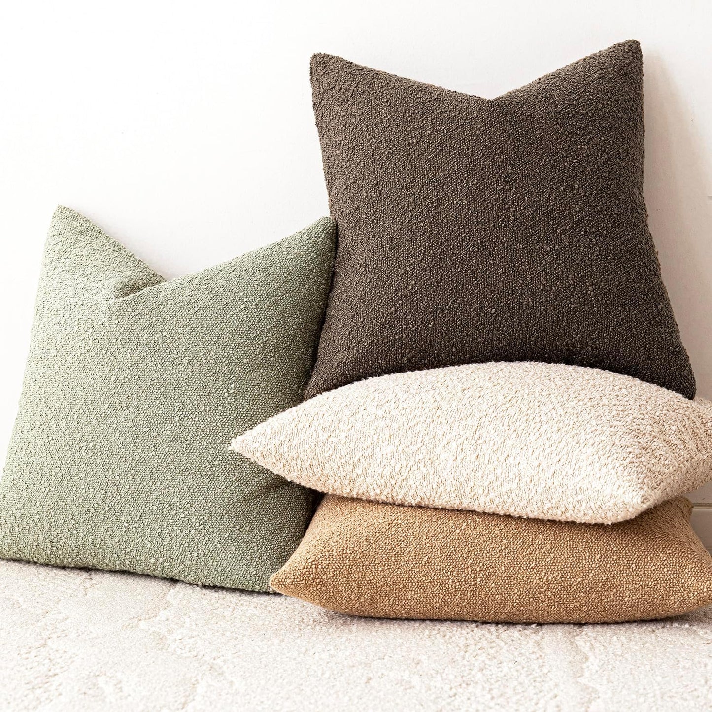 Foindtower Set of 2, Decorative Textured Boucle Throw Pillow Covers Accent Solid Pillow Cases Neutral Soft Couch Cushion Case for Chair Sofa Bedroom Living Room Home Decor 24x24Inch Dirty Sage Green